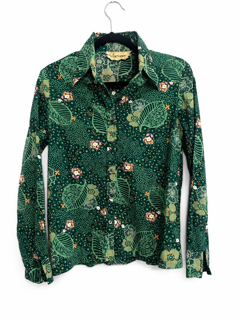 Bronson California Vintage 70s Green Floral Boho Button Down Blouse S/M